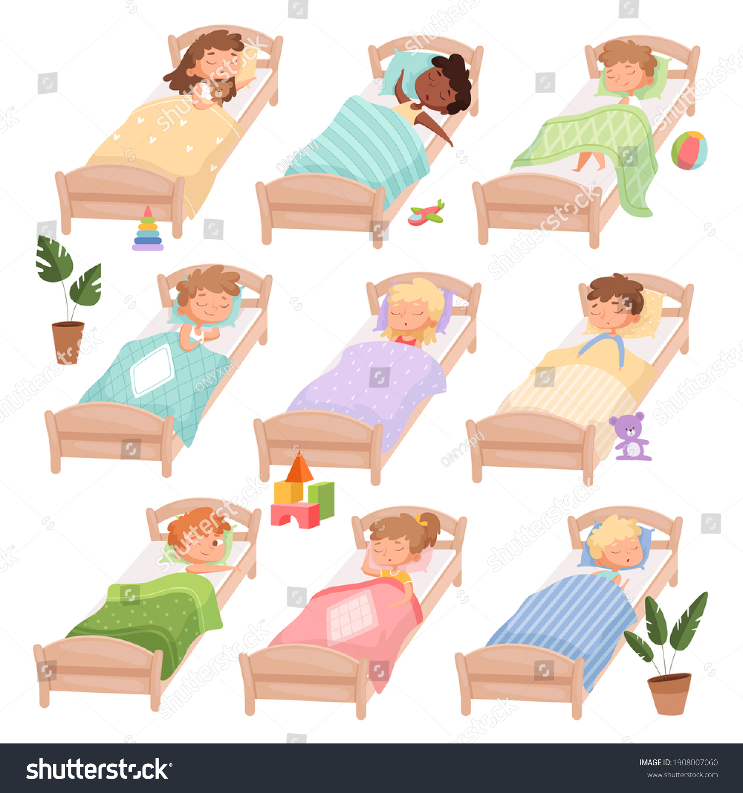 Детки спят в кроватках в садике иллюстрации