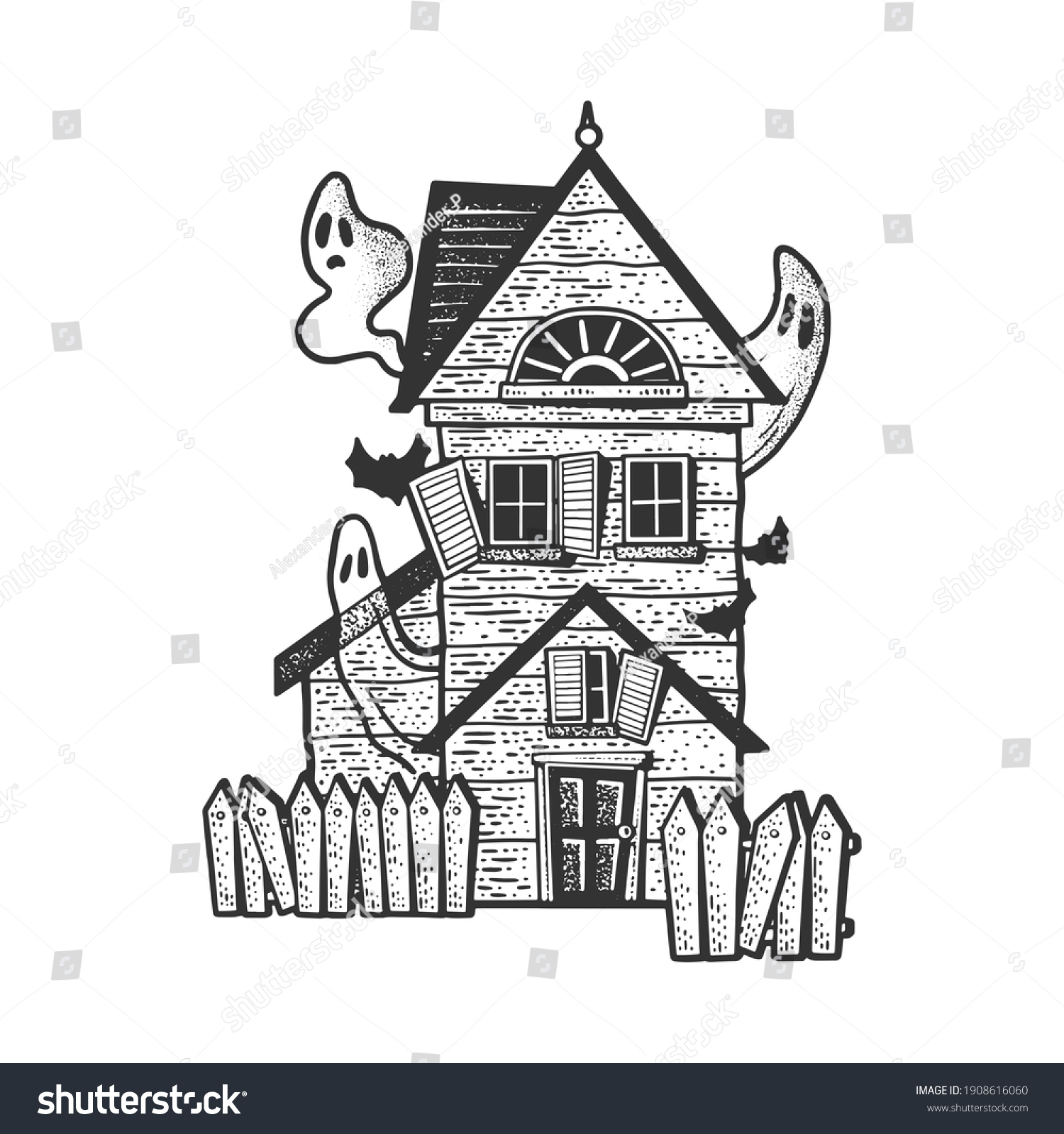 Haunted Witch House Ghost Sketch Engraving Stock Illustration ...