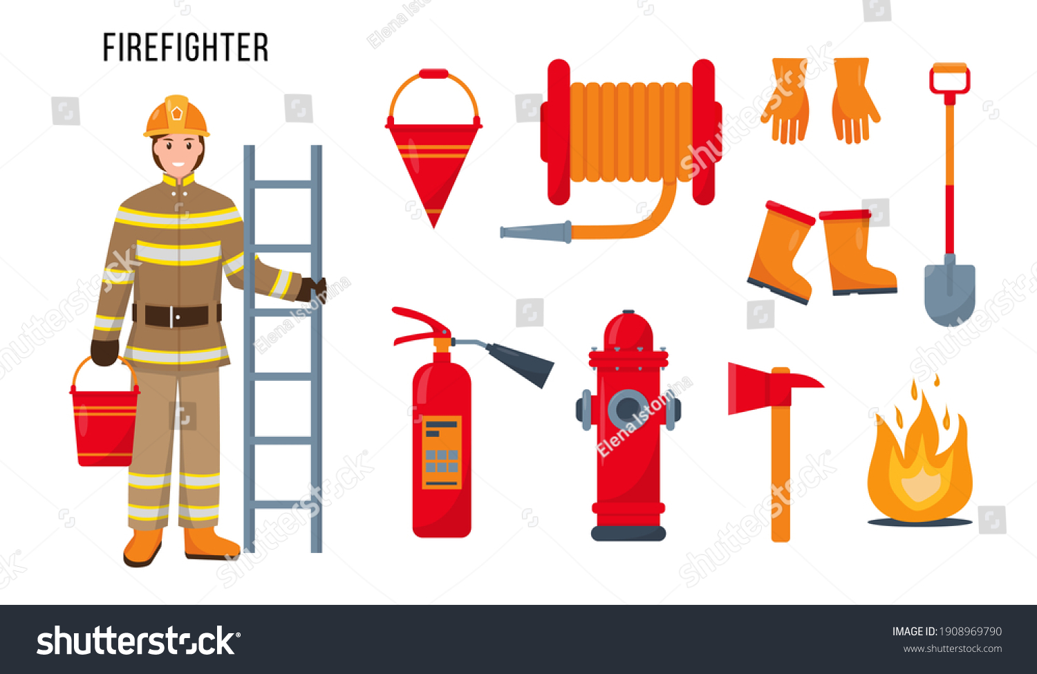 Firefighter Character Set Fire Extinguishing Equipment Stock Vector ...