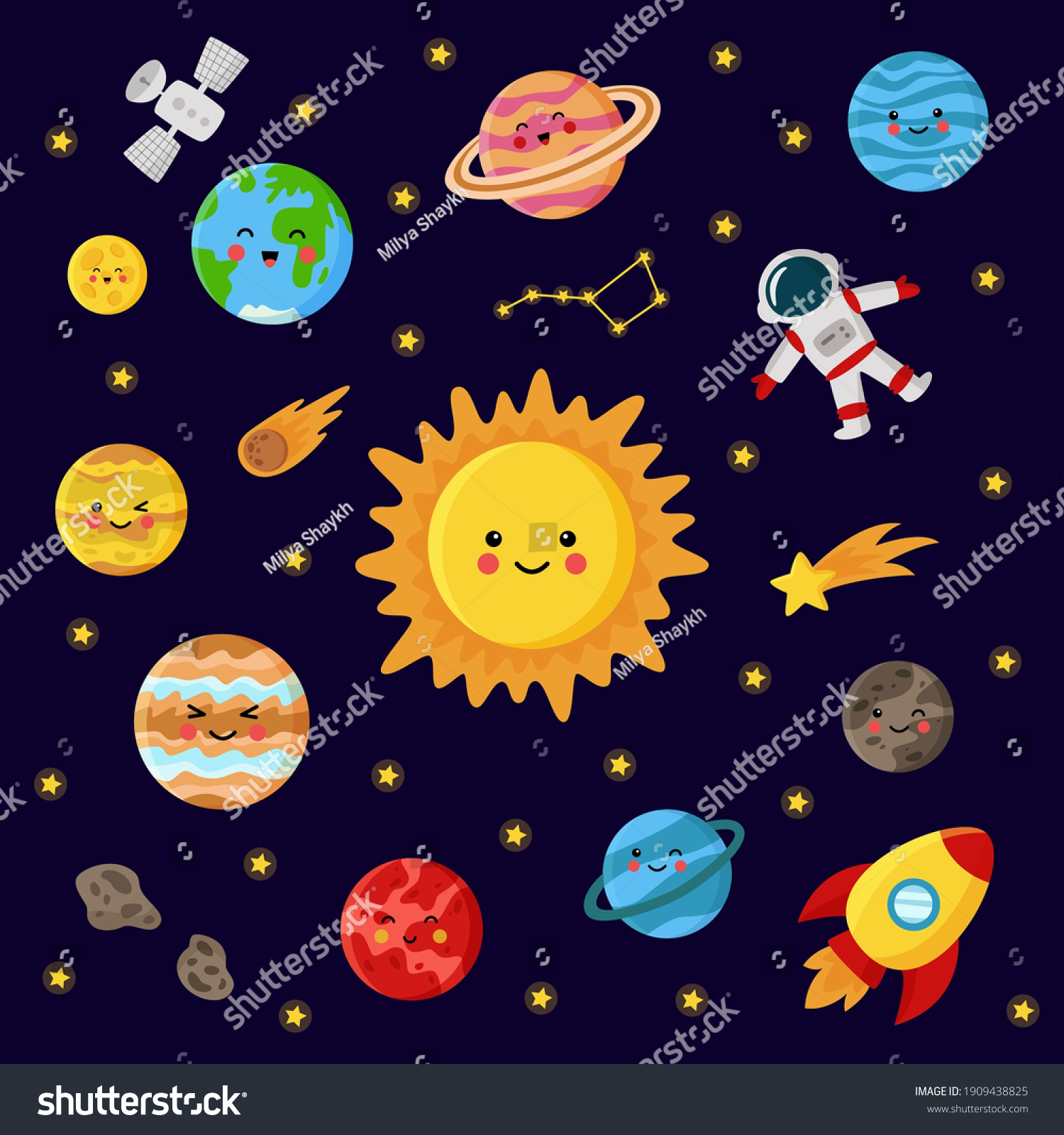 Vector Illustration Cute Kawaii Sun Planets Stock Vector (Royalty Free ...