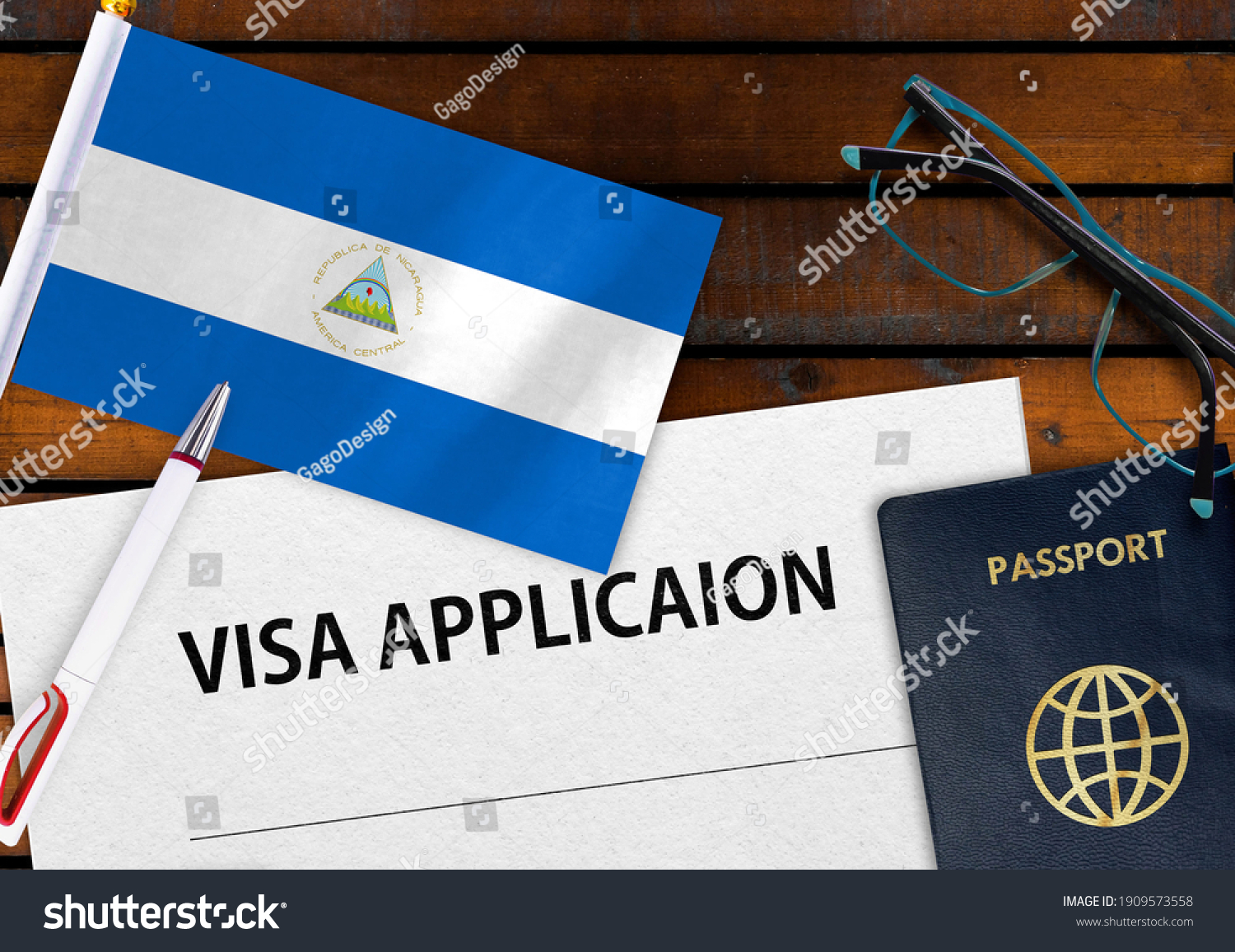 Flag Nicaragua Visa Application Form Passport Stock Photo 1909573558   Stock Photo Flag Of Nicaragua Visa Application Form And Passport On Table 1909573558 