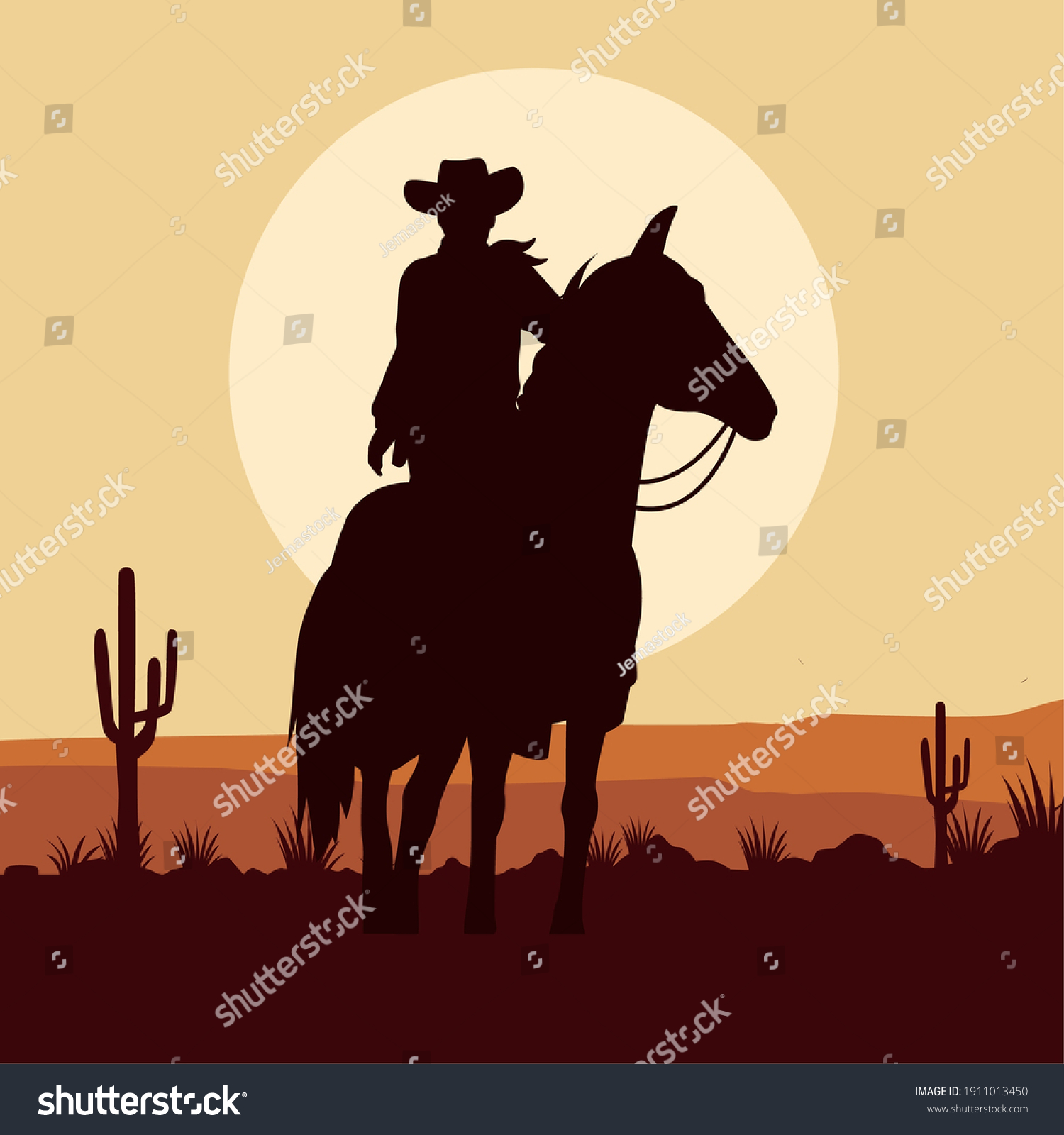 Cowboy Figure Silhouette Horse Desert Landscape Stock Vector (Royalty ...