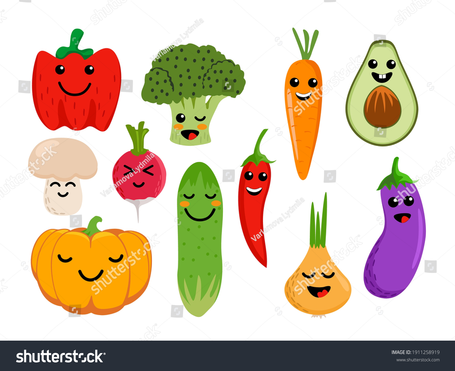 Set Different Cute Happy Vegetable Characters Stock Vector (Royalty ...