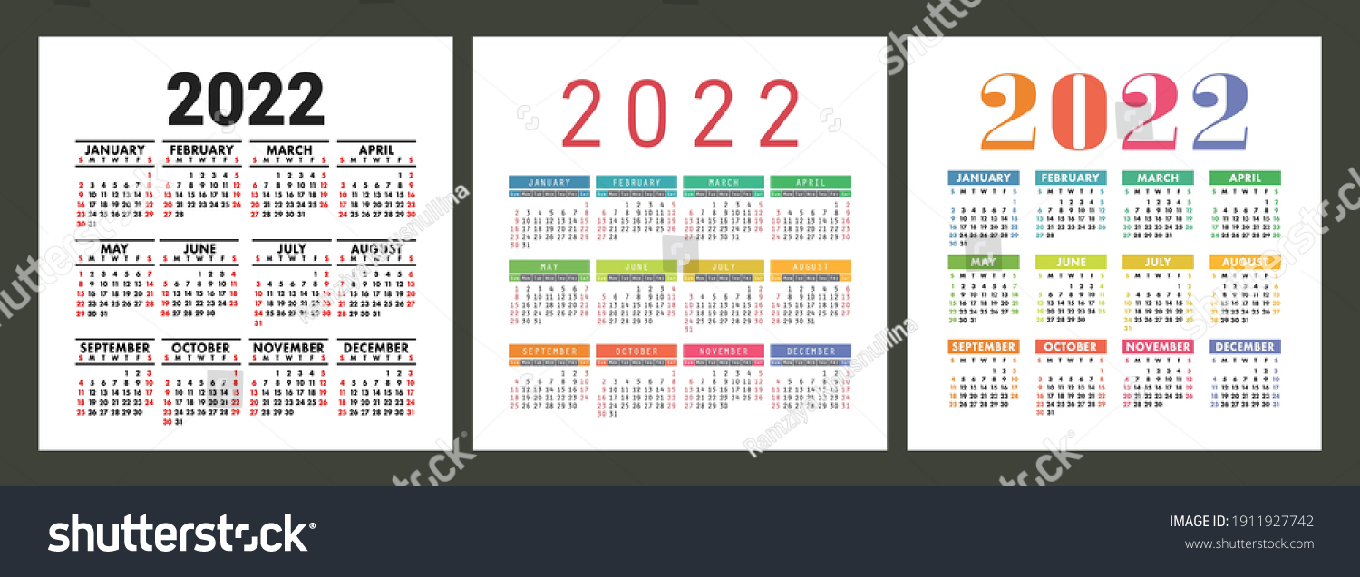 Calendar 2022 Year English Colorful Vector Stock Vector (Royalty Free ...