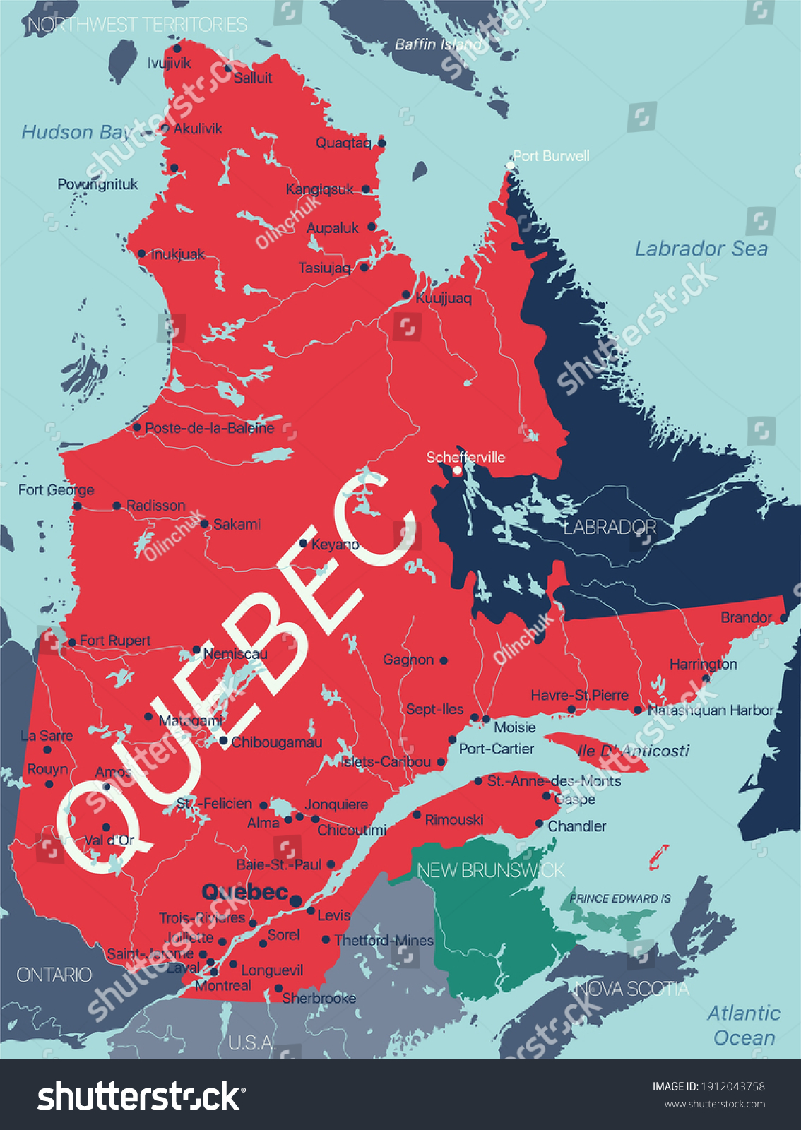 Quebec Province Vector Editable Map Canada Stock Vector Royalty Free Stock Vector Quebec Province Vector Editable Map Of The Canada With Capital National Borders Cities And Towns 1912043758
