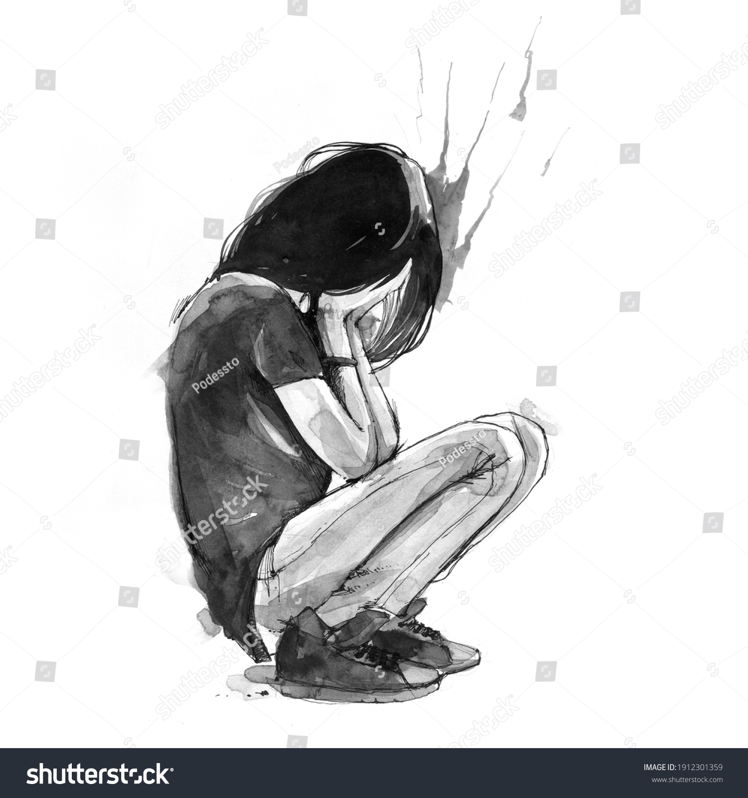 Sad Lonely Teenager Girl Depression Sorrow Stock Illustration ...