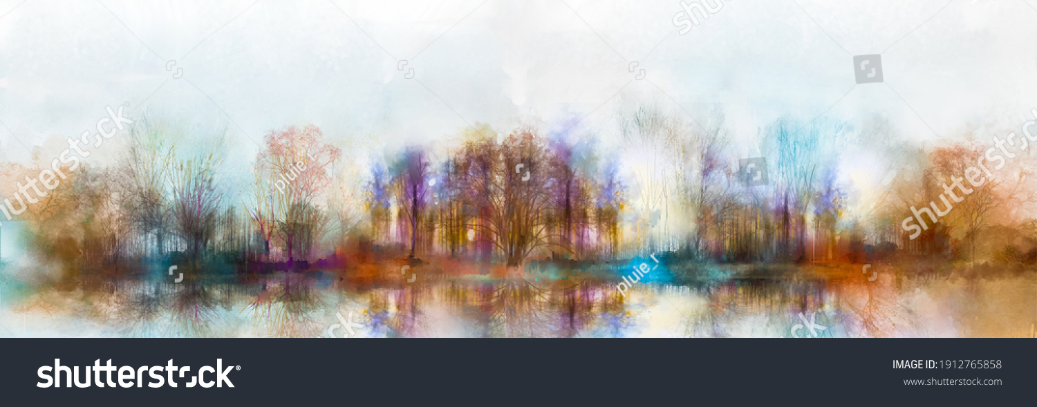 Illustration painting colorful autumn, summer season nature background. Abstract art image of forest, tree with yellow, red leaf, blue cloud in sky and lake with watercolor paint. Outdoor landscape