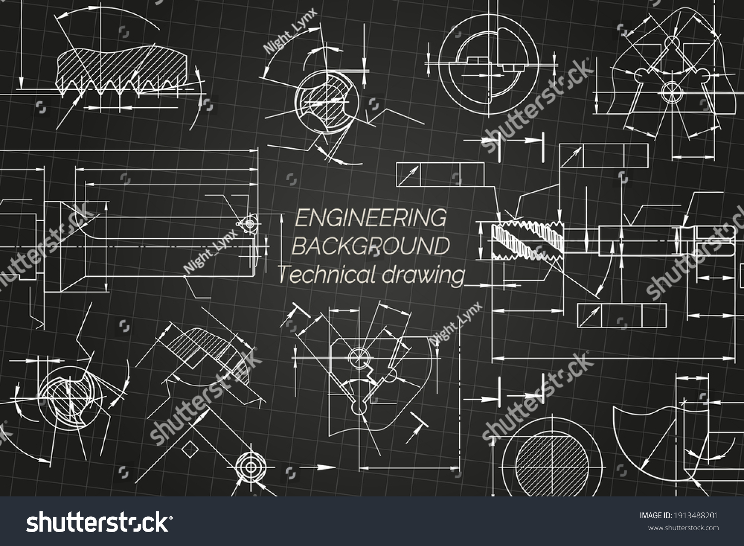 Mechanical Engineering Drawings On Black Background Stock Vector ...