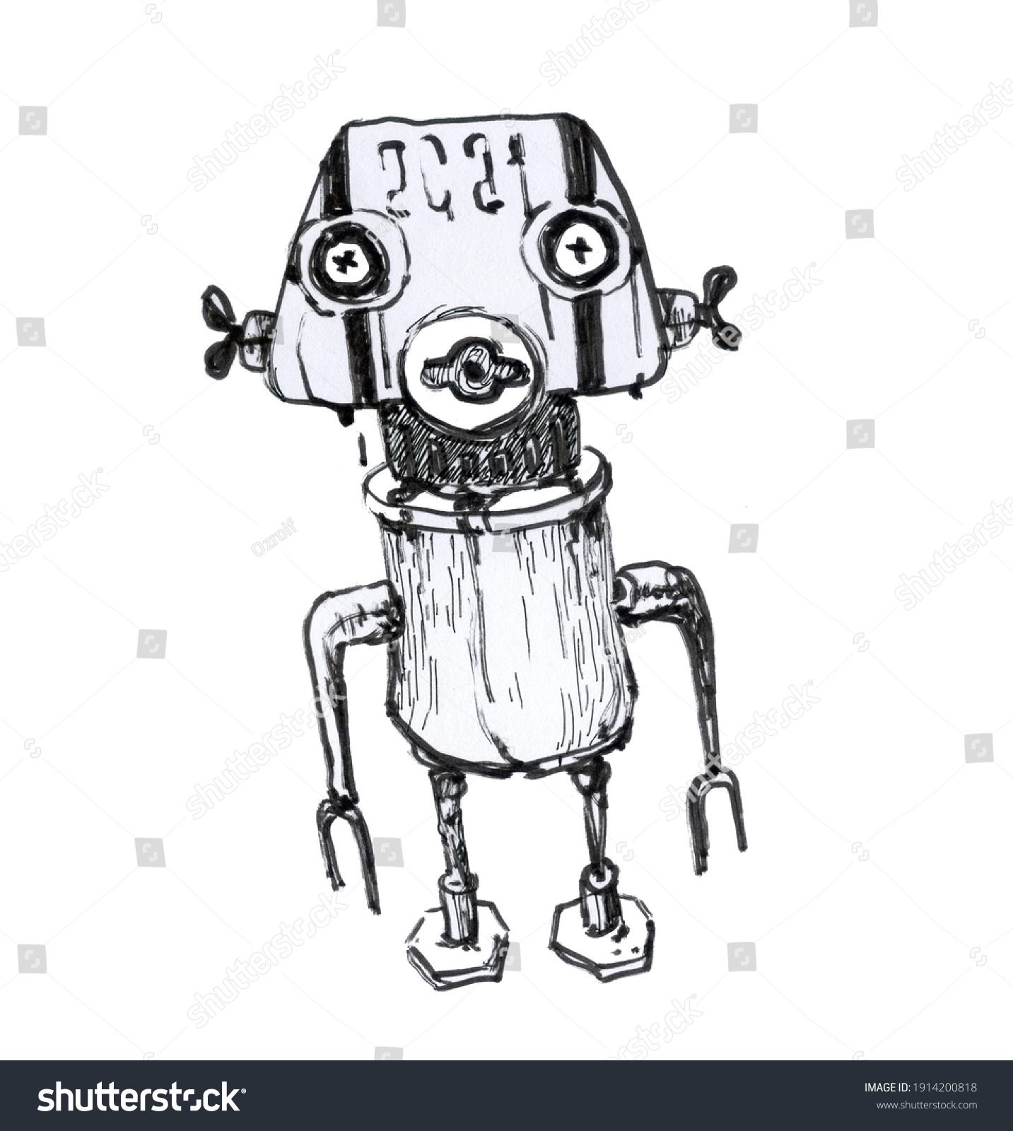 Robot Vintage Toy Character Ink Drawing Stock Illustration 1914200818 ...