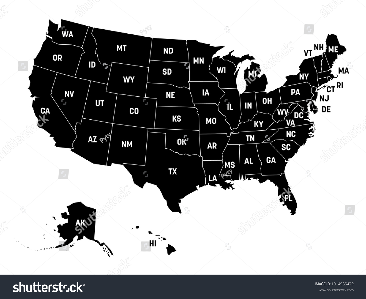 22 102 United States Map Labeled Images Stock Photos Vectors Stock Vector Black Map Of United States Of America Usa With State Postal Abbreviations Simple Flat Vector 1914935479