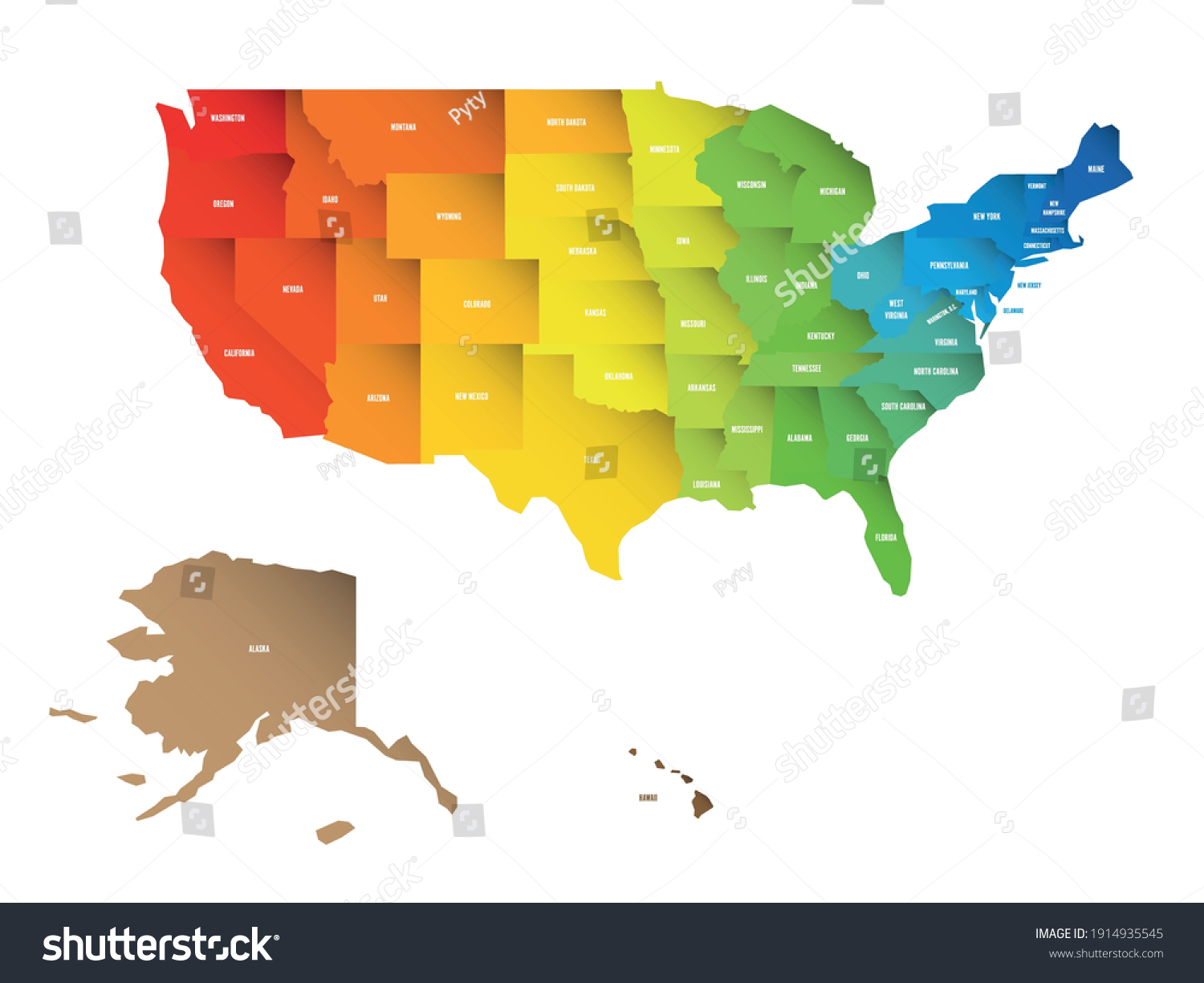 Colorful Map Usa United States America Stock Vector Royalty Free Stock Vector Colorful Map Of Usa United States Of America Rainbow Spectrum Colors With Shadow Overlapping 1914935545