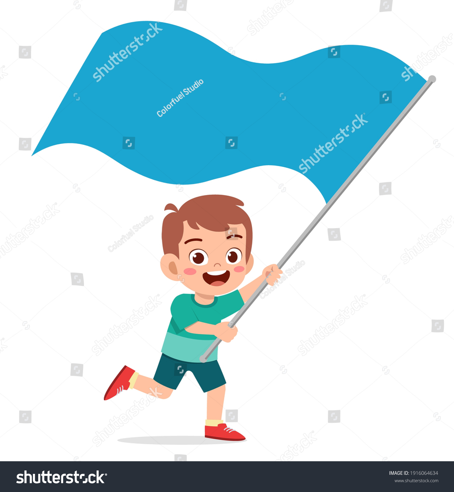 Cute Little Boy Run Holding Flag Stock Vector (Royalty Free) 1916064634 ...