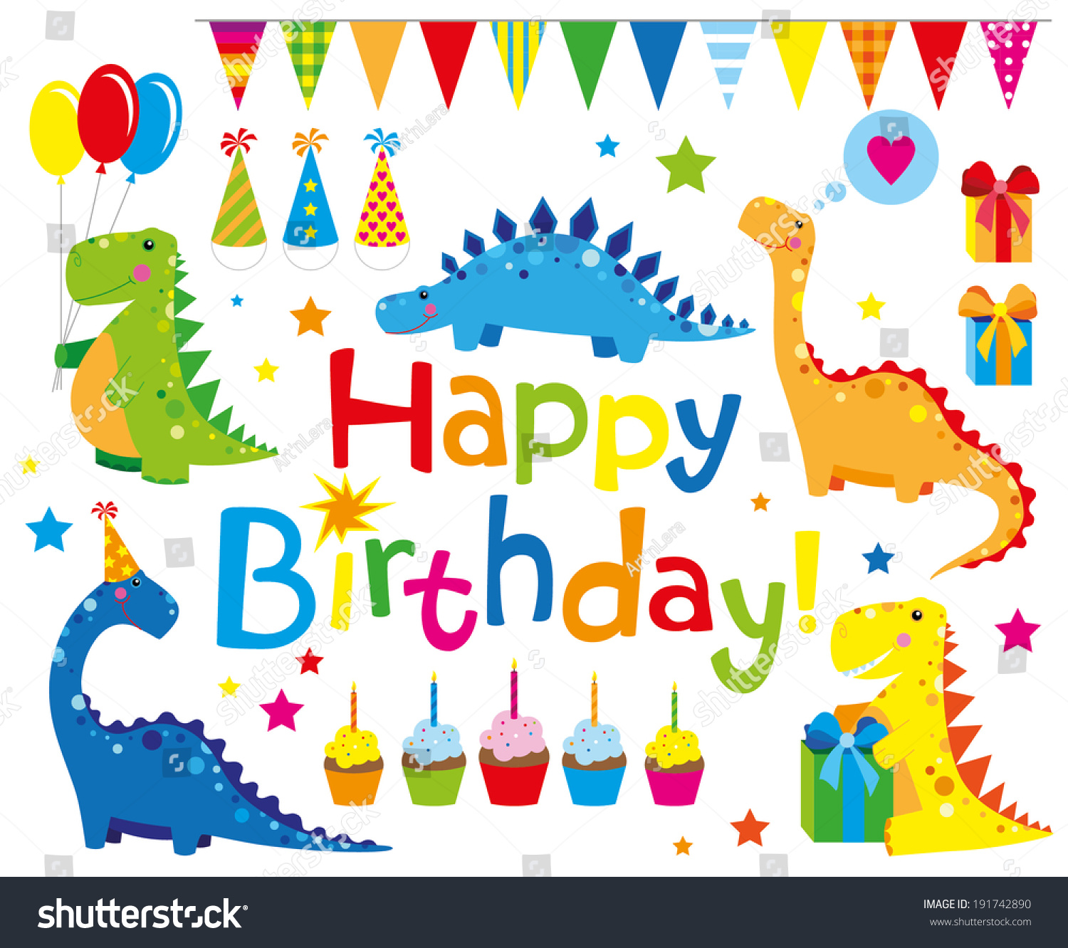 Set Birthday Party Elements Funny Dinosaurs Stock Vector (Royalty Free ...