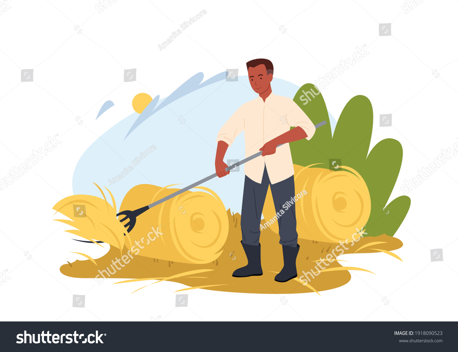 Farmer Working On Field Vector Illustration Stock Vector Royalty Free 1918090523 Shutterstock