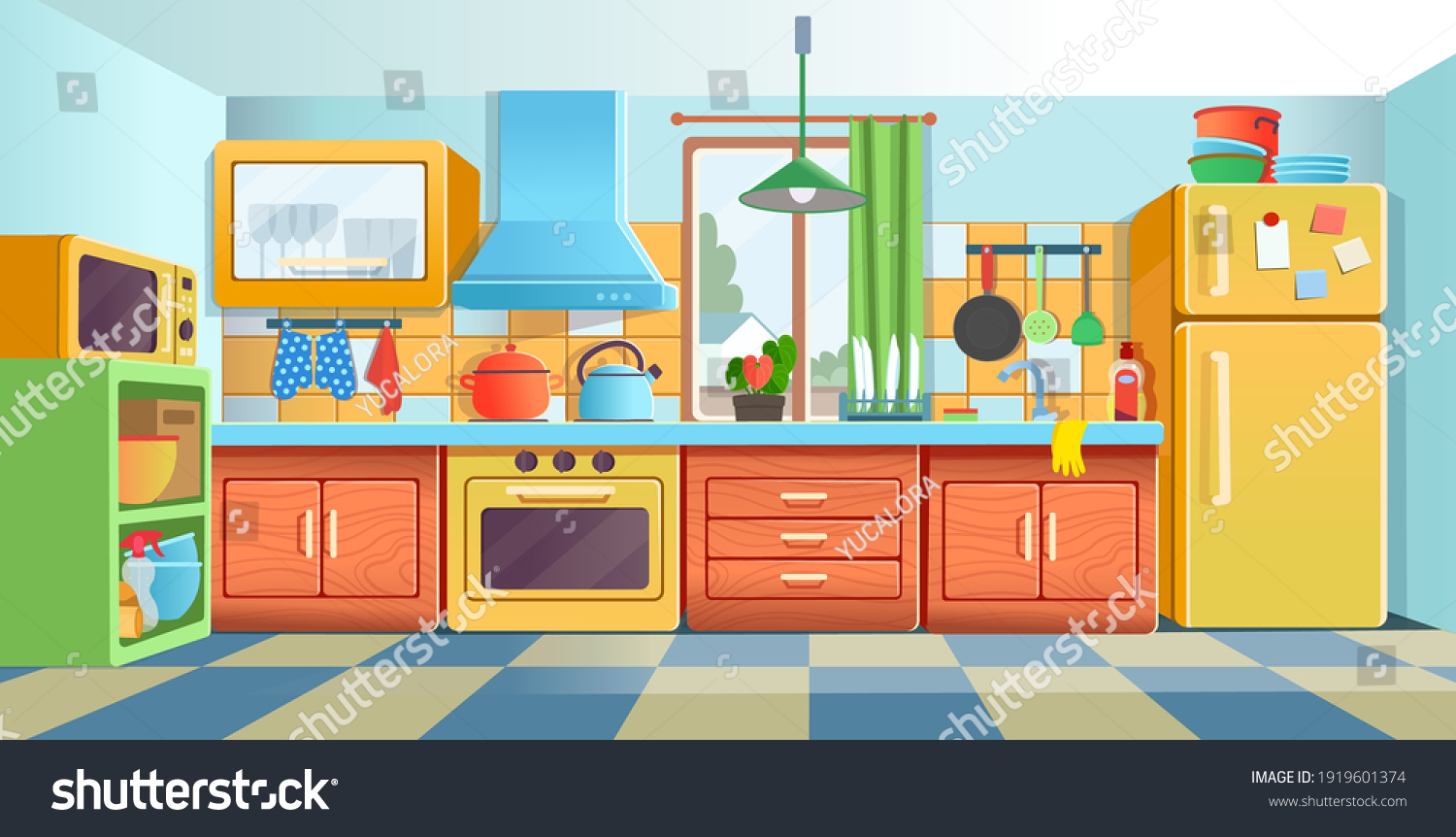Stock Vector Cozy Colored Kitchen Interior With Fridge Kitchen Stove Cupboard Dishes Vector Illustration Flat 1919601374 