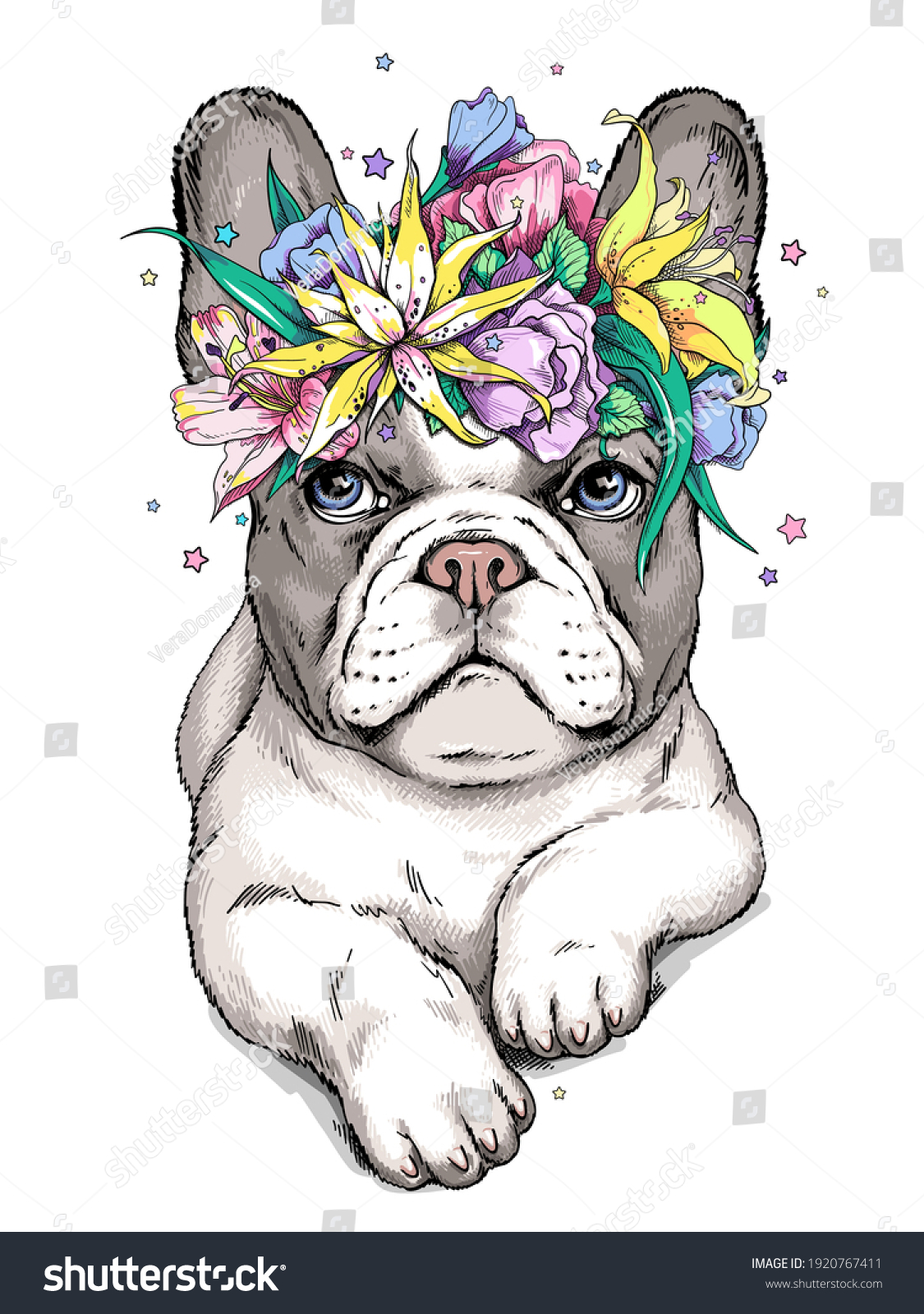 Cute Cartoon French Bulldog Puppy Floral Stock Vector (royalty Free 