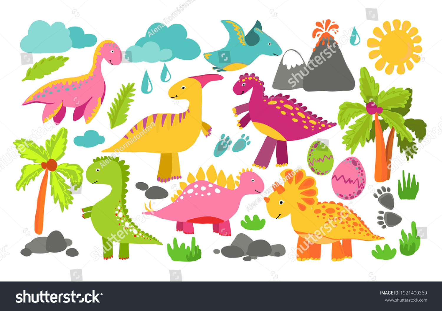 Set Cute Dinosaurs Bright Colors Printing Stock Vector (Royalty Free ...