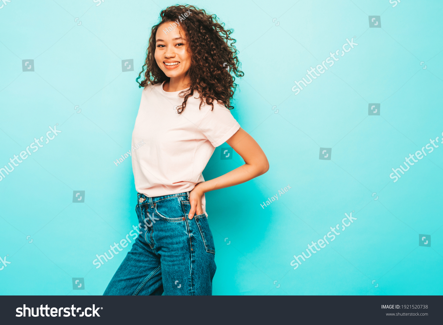 Beautiful Black Woman Afro Curls Hairstylesmiling Stock Photo ...