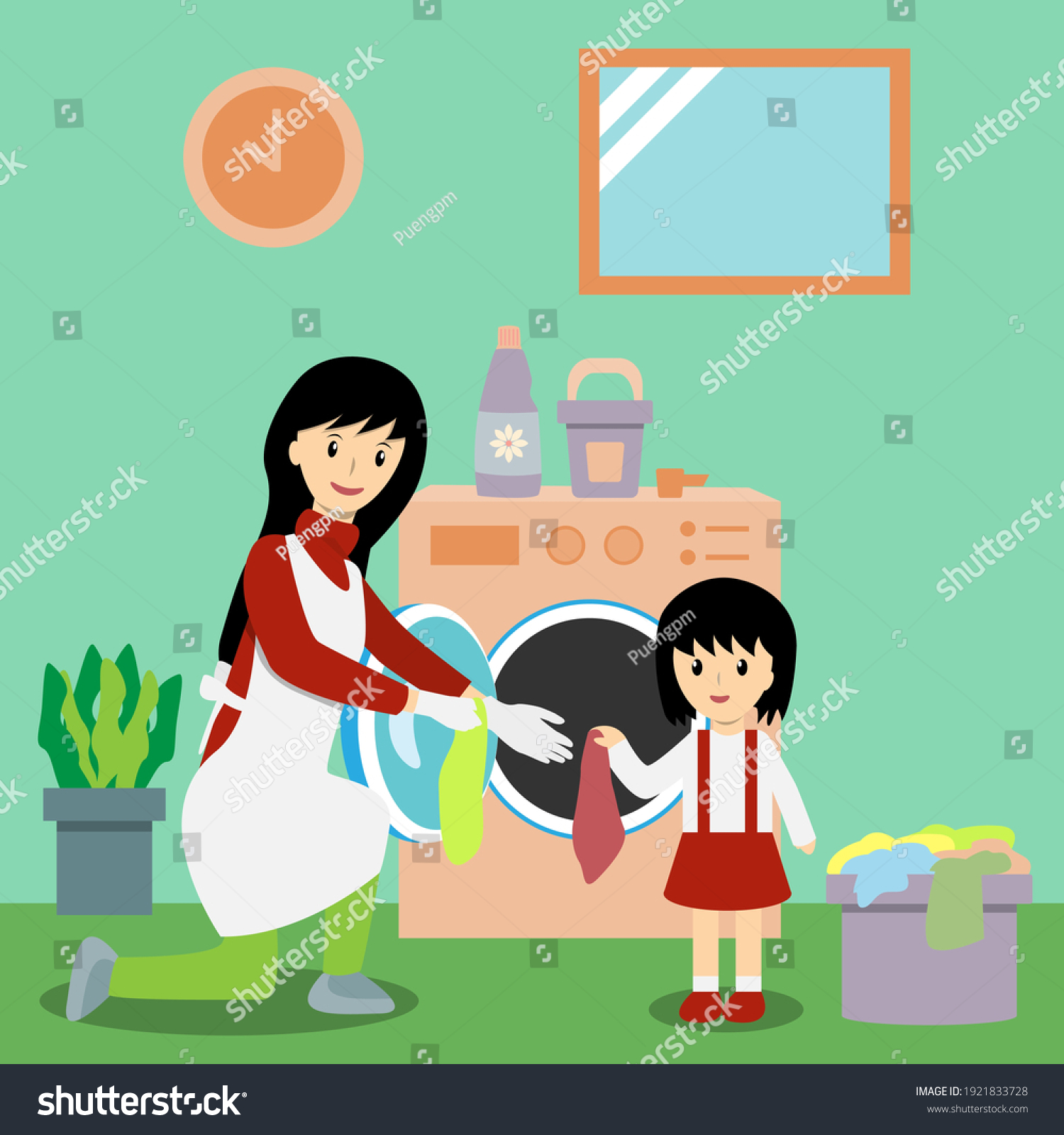 Daughter Helping Her Mother Doing Laundry Stock Vector (Royalty Free ...