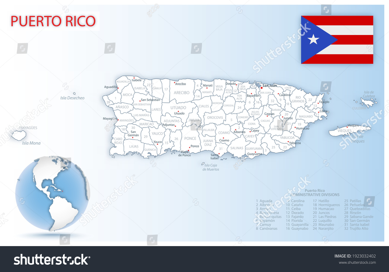 Detailed Puerto Rico Administrative Map Country Stock Vector (Royalty ...