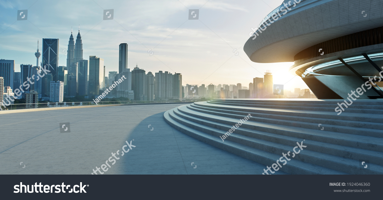 Modern Building Exterior Cement Stairs Floor Stock Illustration   Stock Photo Modern Building Exterior With Cement Stairs And Floor Sunrise Scene Photorealistic D Rendering 1924046360 