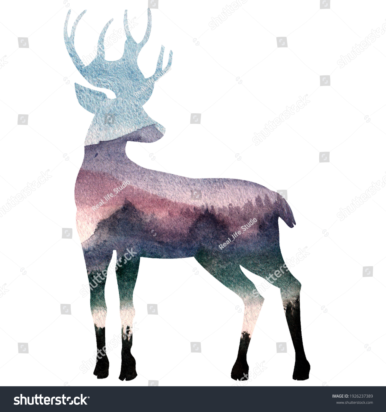 森の背景に鹿のシルエット 鹿 魚卵 森の孤立した輪郭 水彩イラスト デザイン 動物のポートレート 野生生物 のイラスト素材 Shutterstock