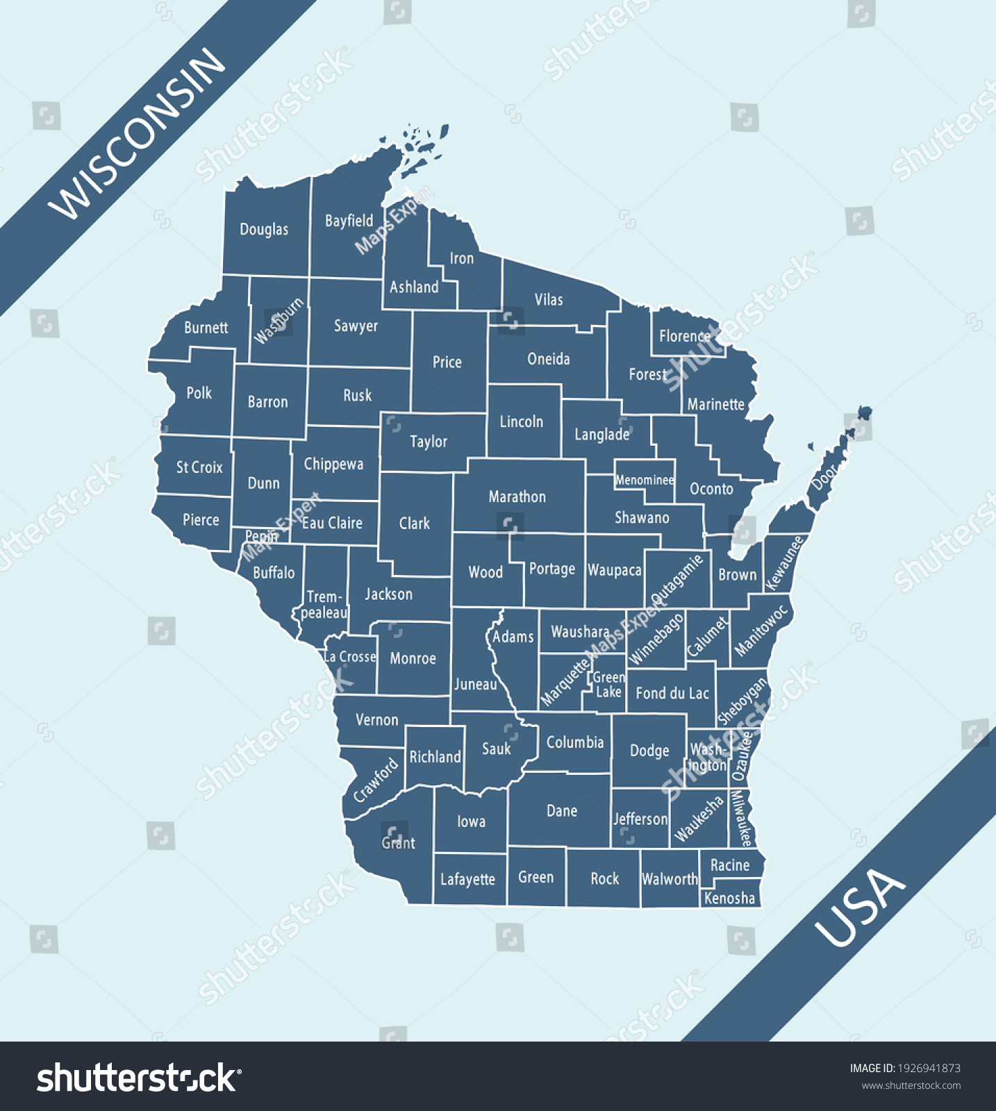 Map Counties Wisconsin Labeled Stock Vector (Royalty Free) 1926941873 ...