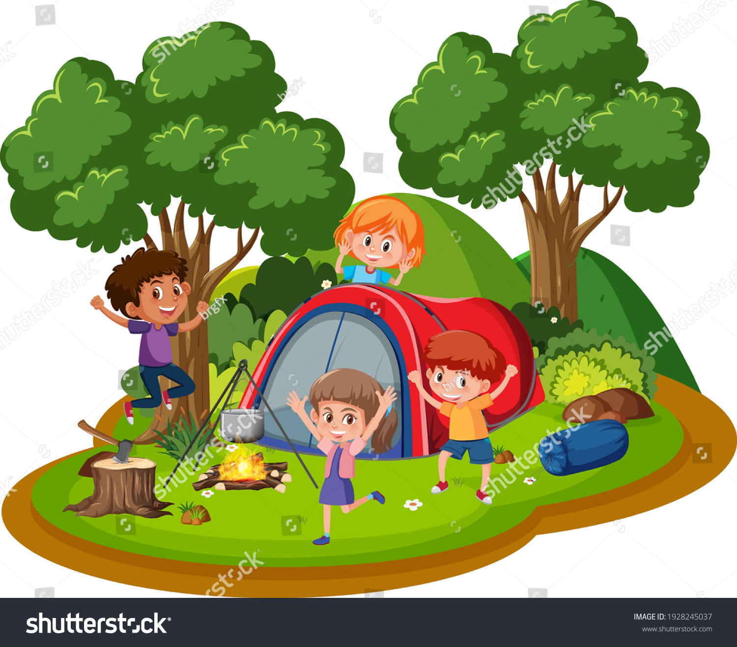 Happy Kids Camping Forest Illustration Stock Vector (Royalty Free ...