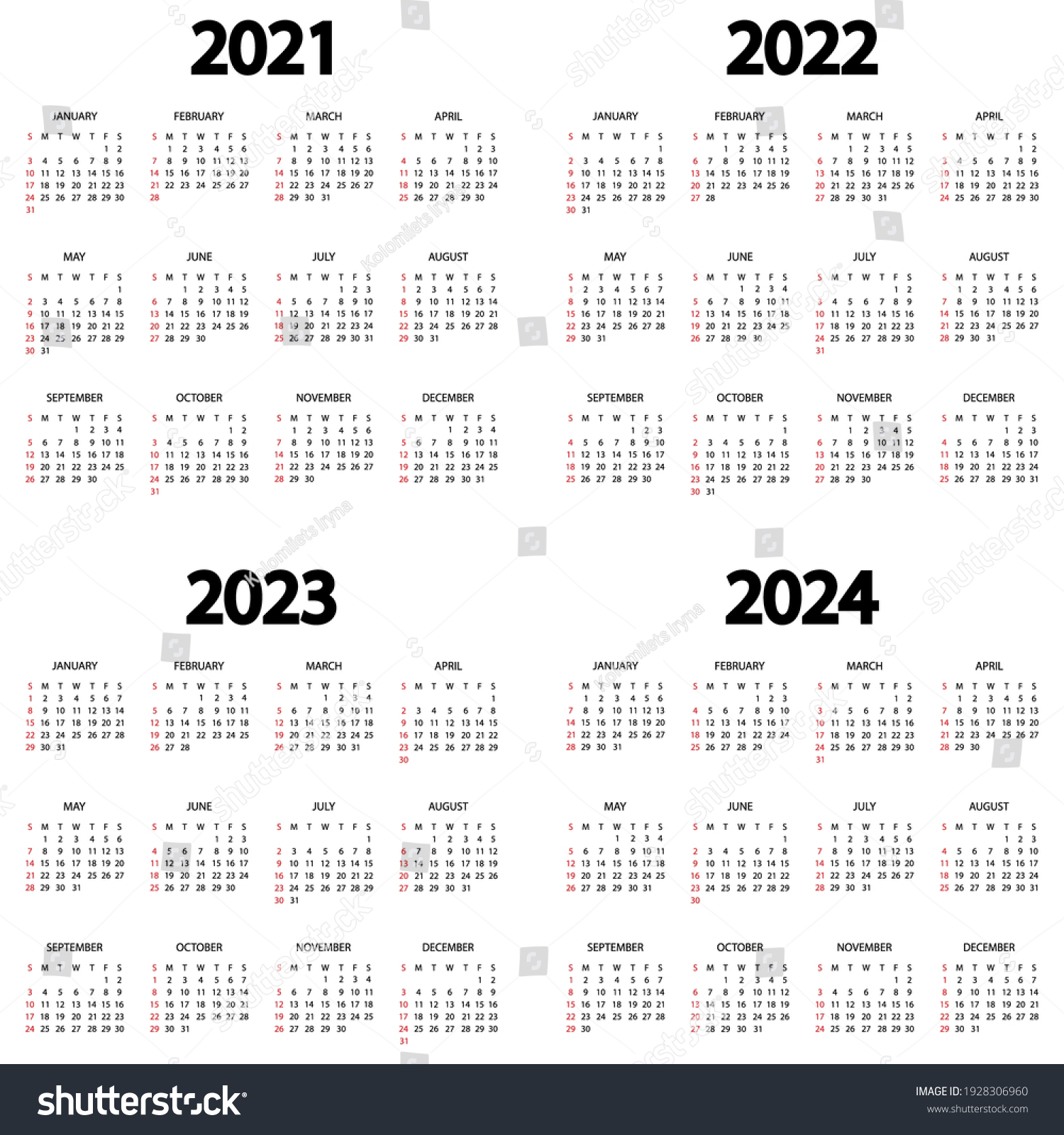 Calendar 2021 2022 2023 2024year Week Stock Vector (Royalty Free ...