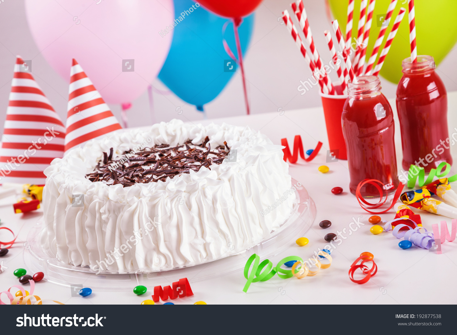 Birthday Cake On Colorful Balloon Background Stock Photo 192877538