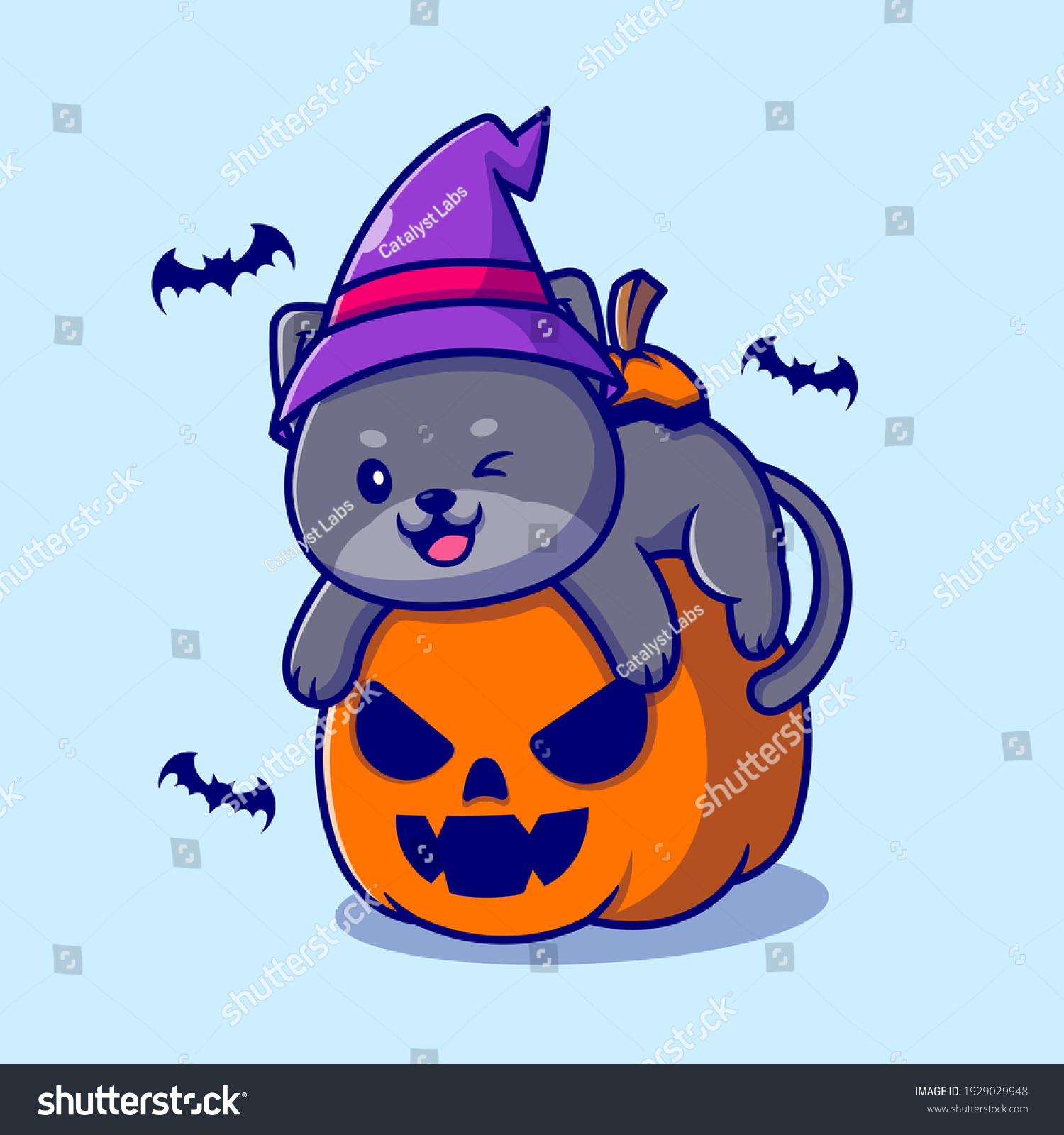 Cute Witch Cat Hug Pumpkin Halloween Stock Vector (Royalty Free ...