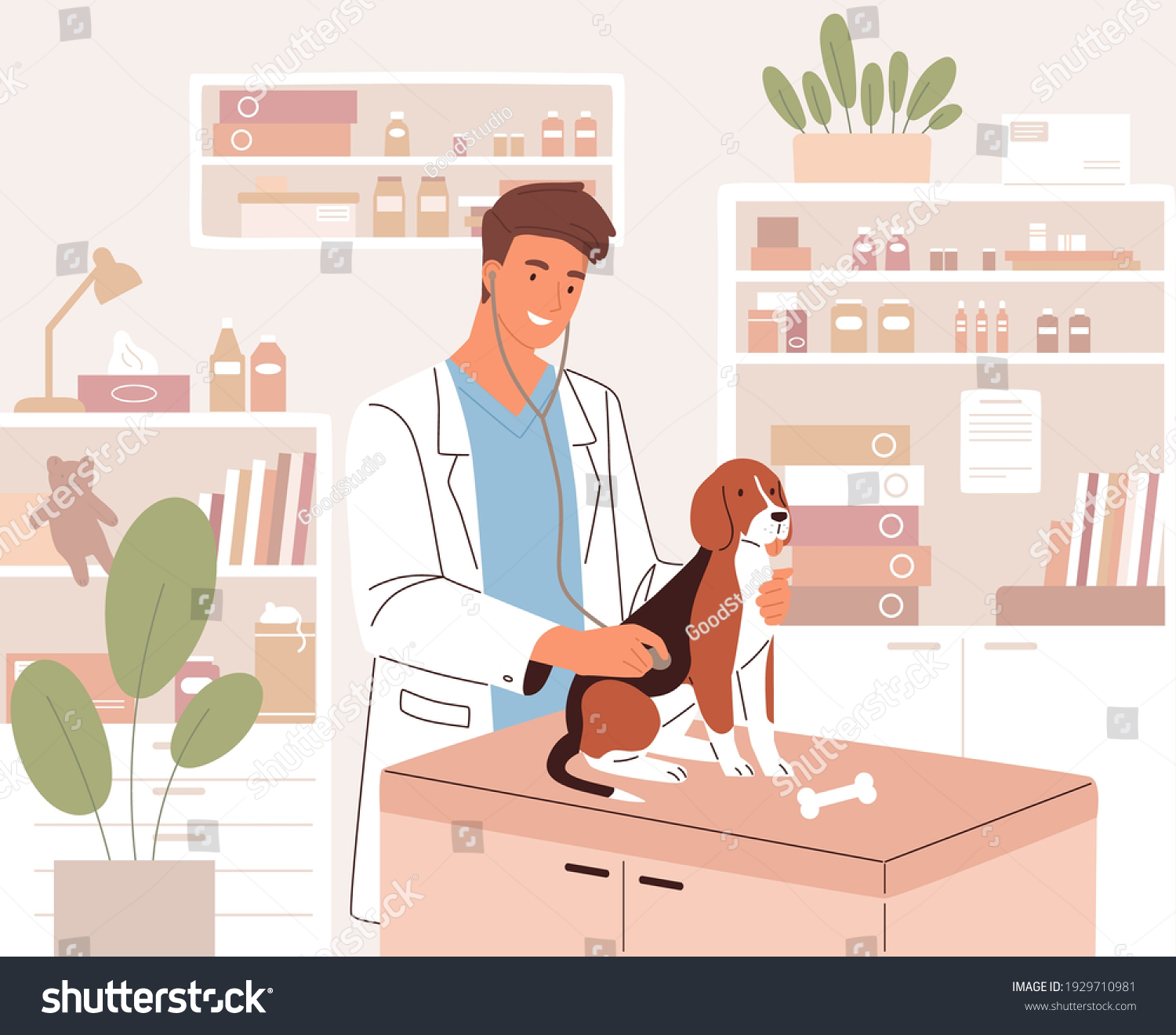 Happy Young Veterinarian Examining Dog Stethoscope Stock Vector ...