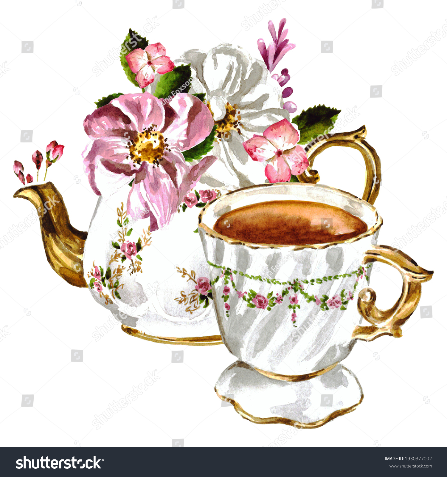 Watercolor Teapot Flower Bouquet Teacup Illustration Stock Illustration ...