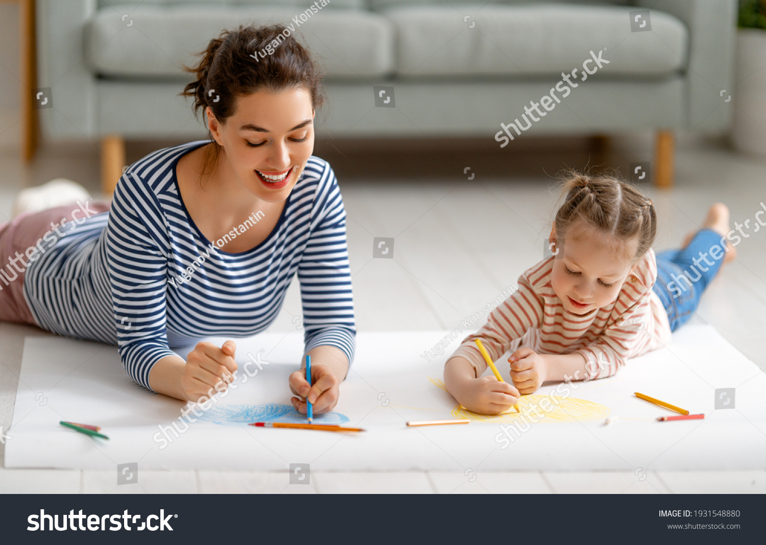 Happy Family Mother Daughter Drawing Together Stock Photo 1931548880 ...