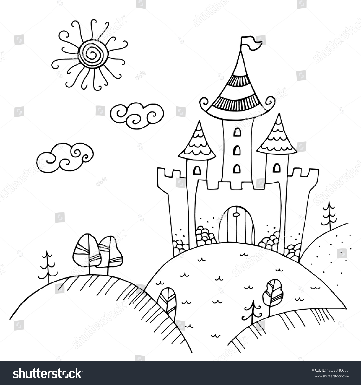 Handdrawing Illustration Fairytale Castle Outline Palace Stock Vector ...