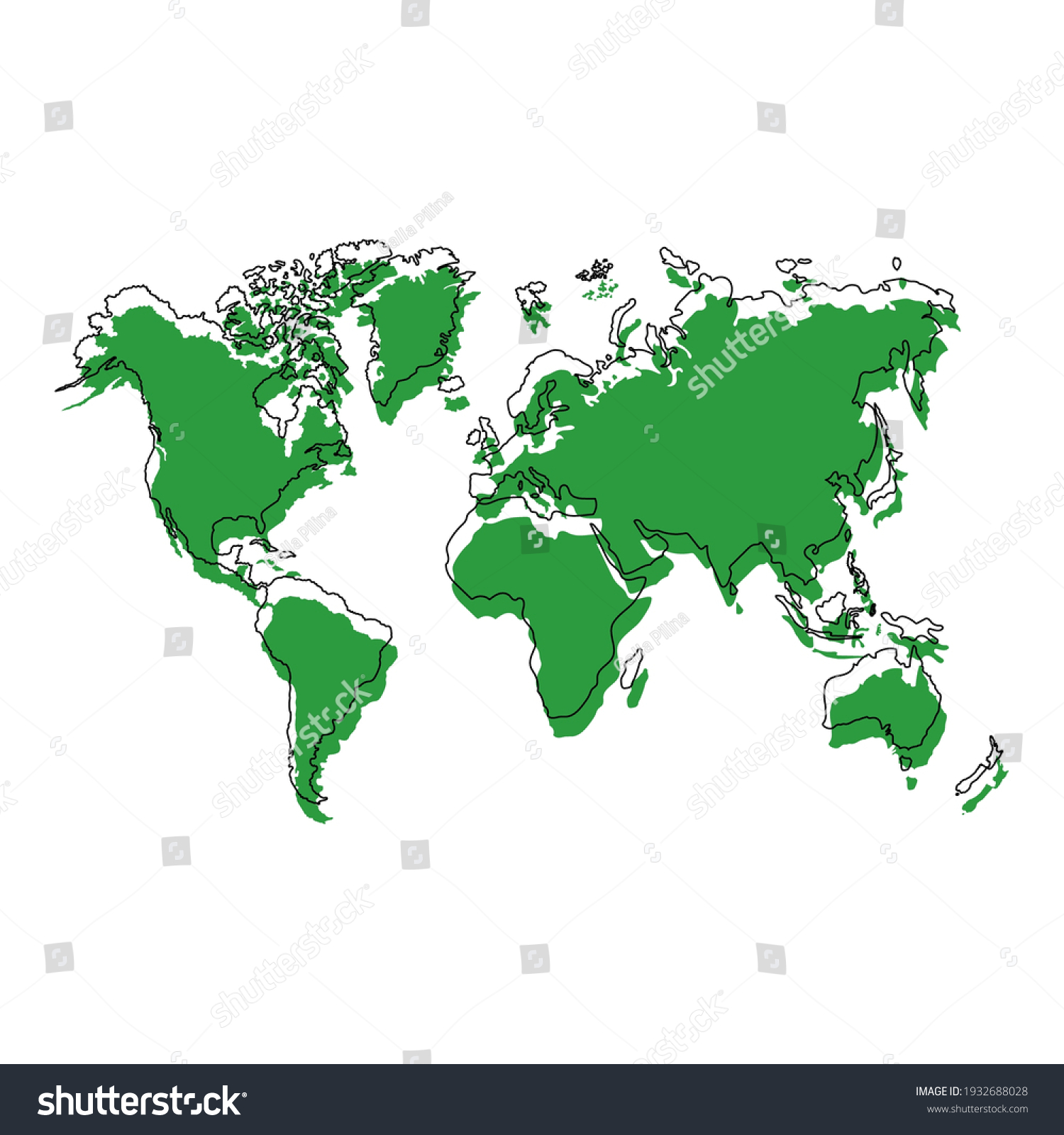 Illustration World Map Green Continent Silhouette Stock Vector (Royalty ...