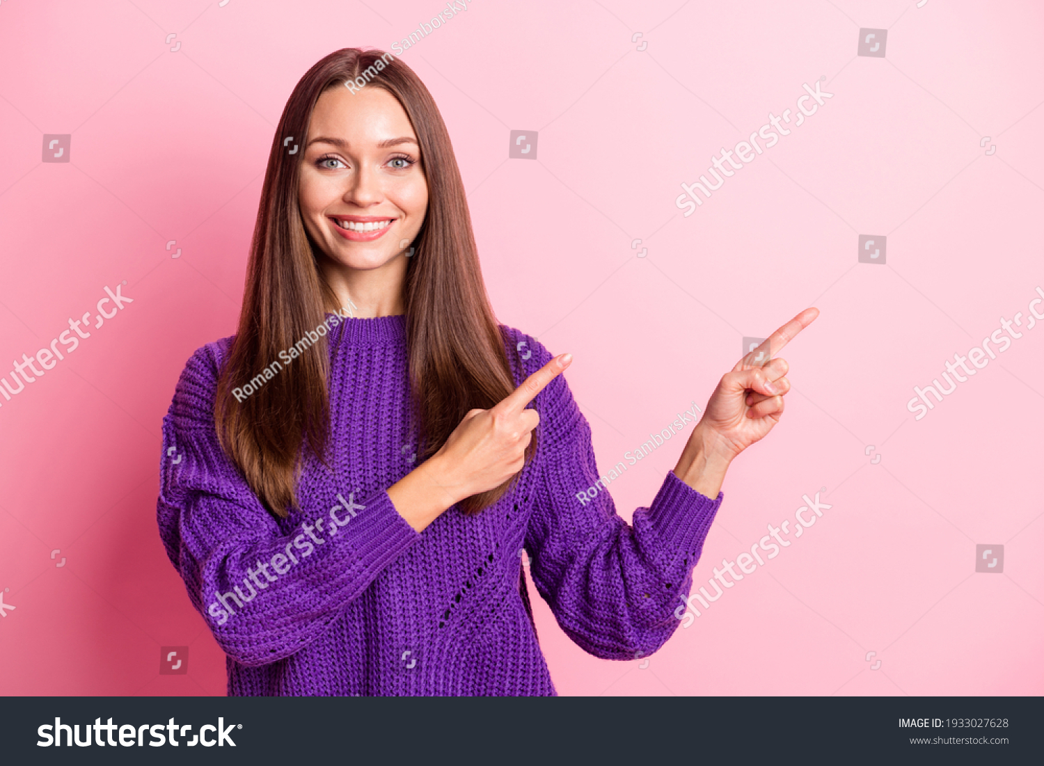 Portrait Optimistic Girl Point Empty Space Stock Photo 1933027628