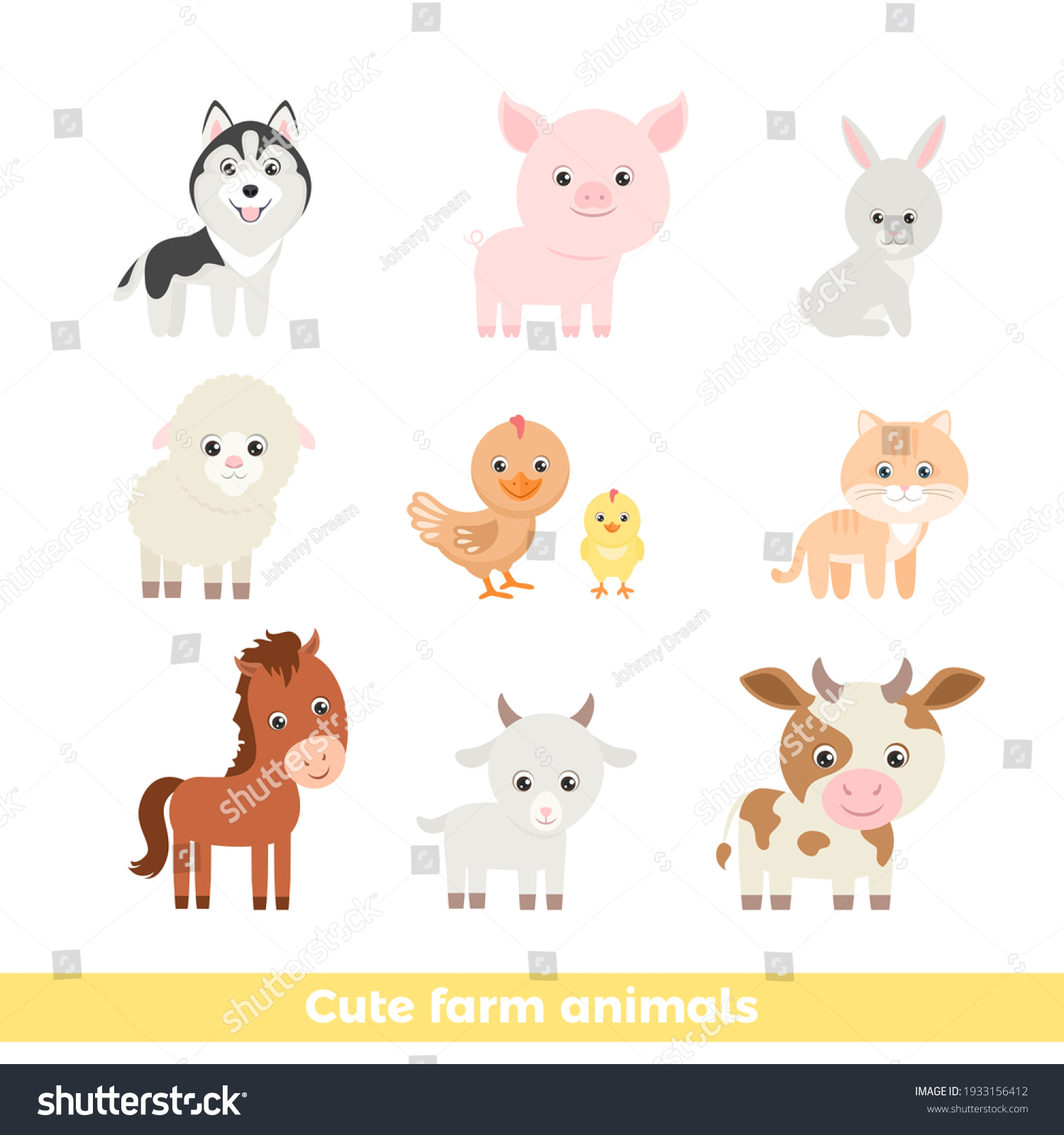 Cute Cartoon Farm Animals Set Vector Stock Vector (Royalty Free ...