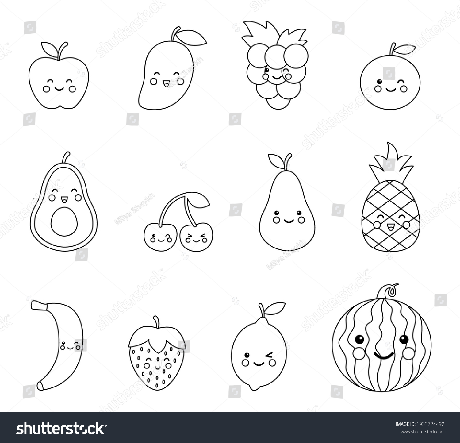 Color Kawaii Fruits Coloring Page Kids Stock Vector (Royalty Free ...