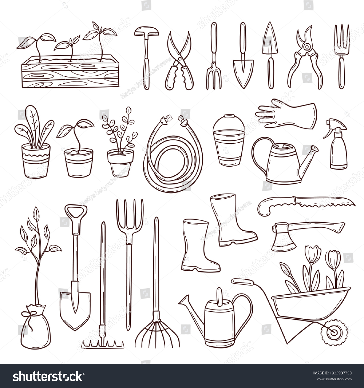 Set Gardening Items Doodle Hand Drawn Stock Vector (Royalty Free ...