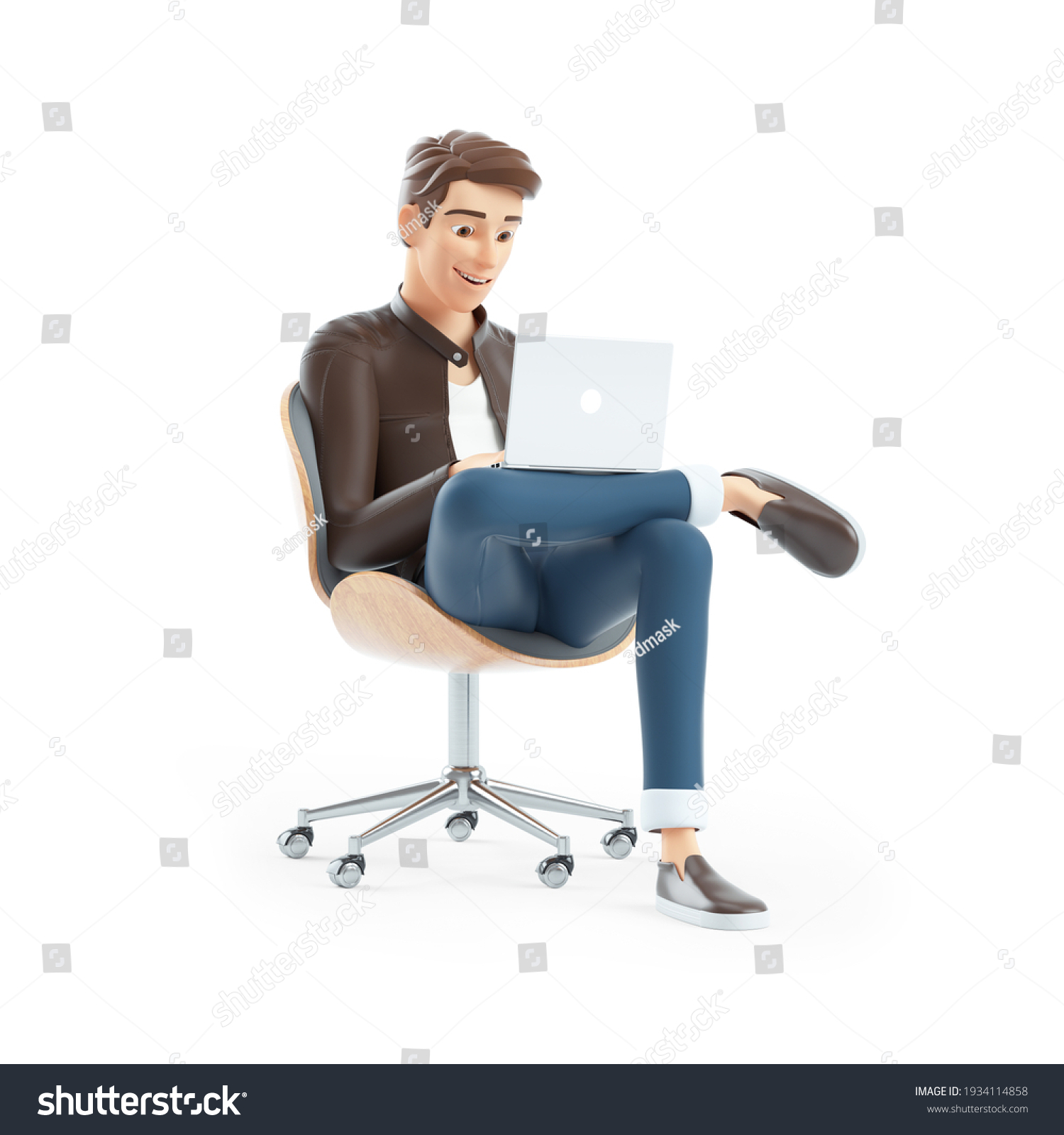 3d Cartoon Man Sitting Chair Laptop Stock Illustration 1934114858 ...