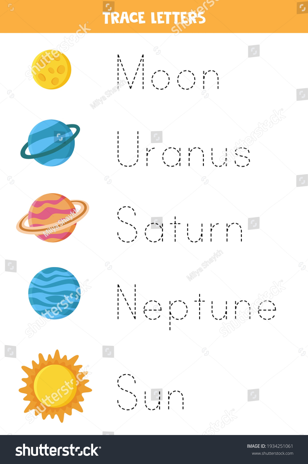 Trace Names Solar System Planets Sun Stock Vector (Royalty Free ...