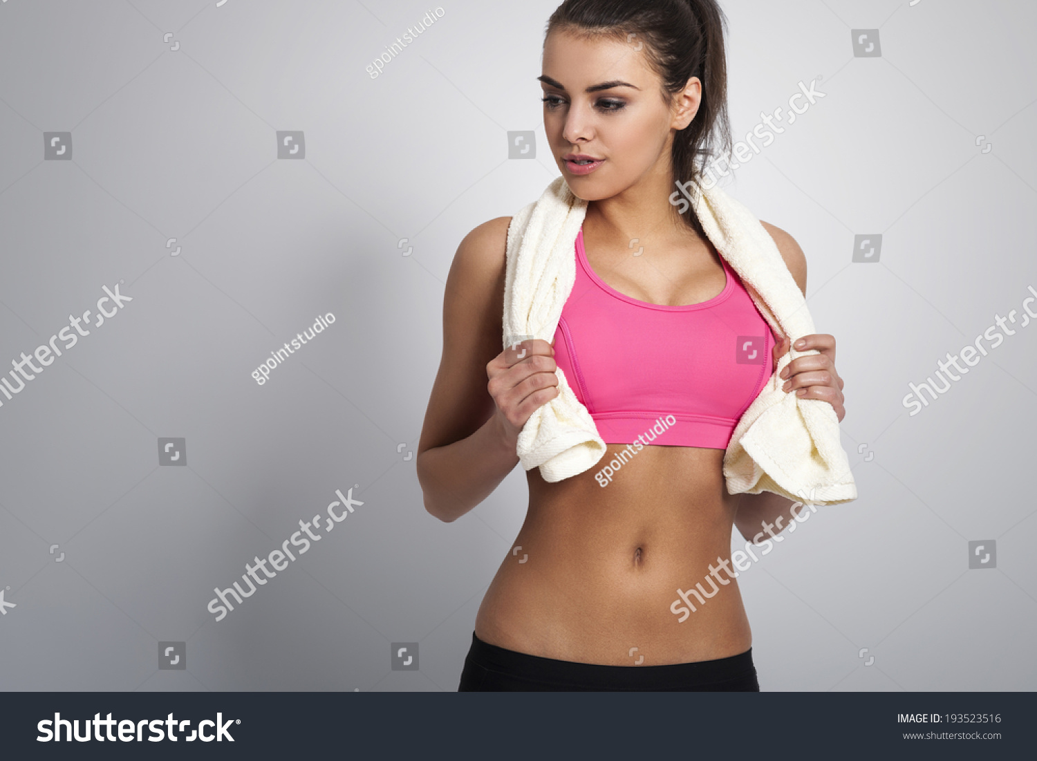 Sexy Fit Woman Posing Towel Stock Photo