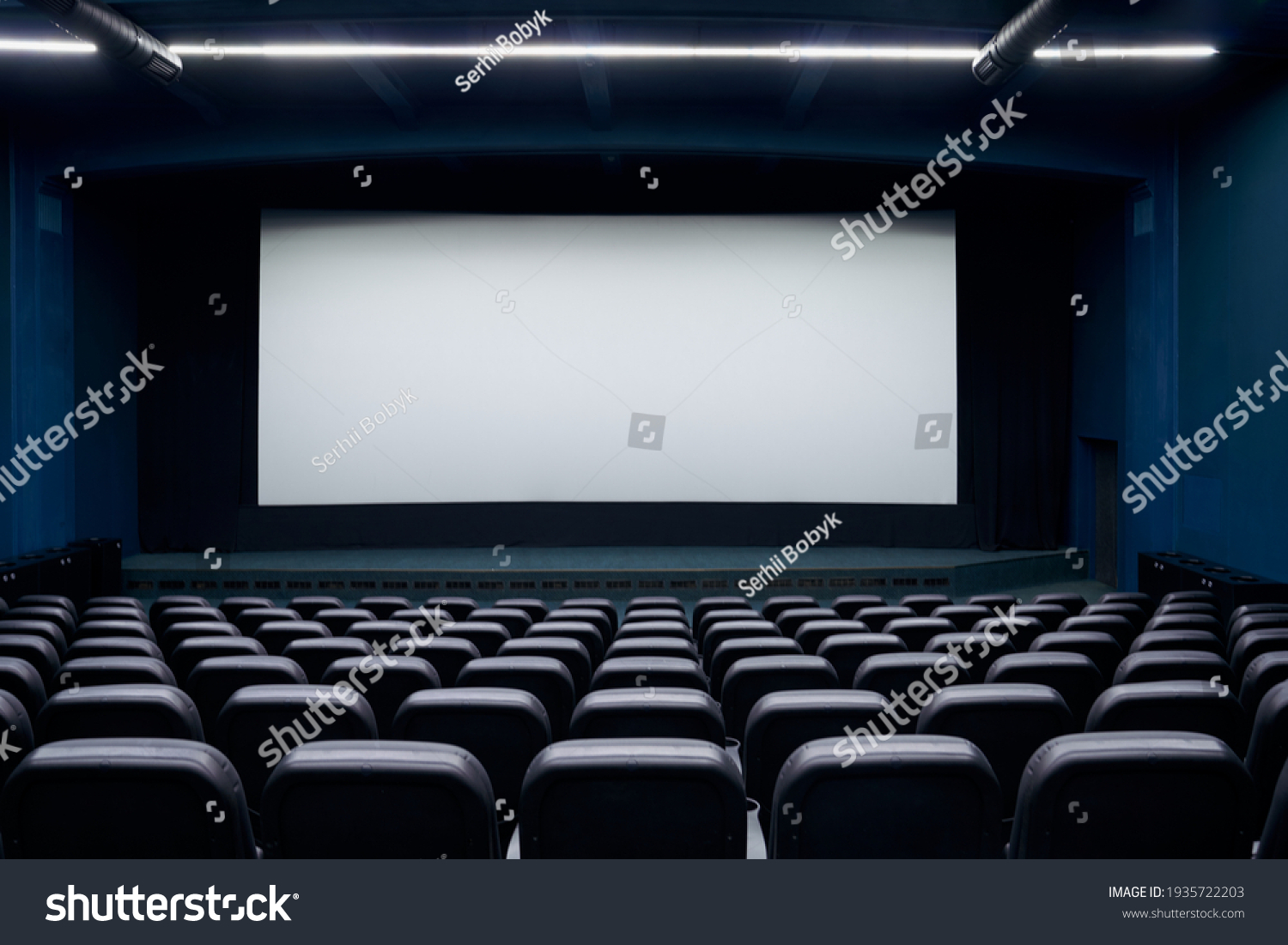 青い席と空白のスクリーンを持つ映画館のイラスト のベクター画像素材 ロイヤリティフリー Shutterstock