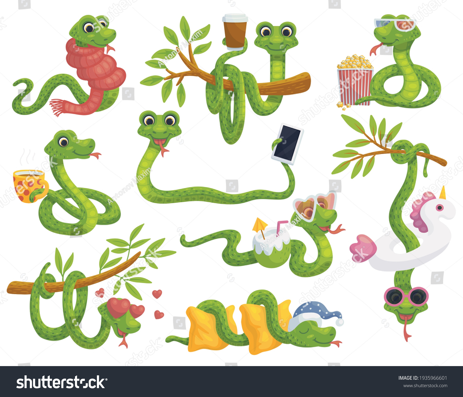 Funny Cute Cartoon Snakes Characters Set Stock Vector (Royalty Free ...