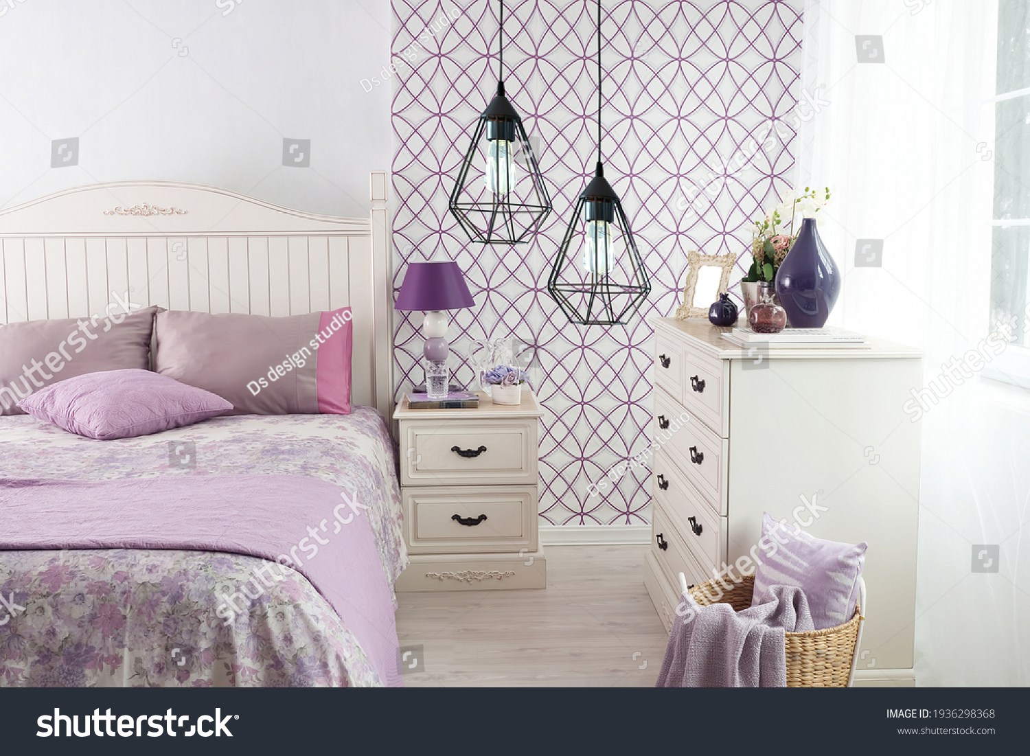 detailed horizontal, exclusive design modern purple bedroom interior design concept and modern lamp.