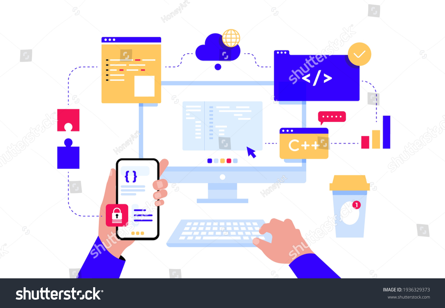 Monitor Program Code On Screen Infographic Stock Vector (Royalty Free ...
