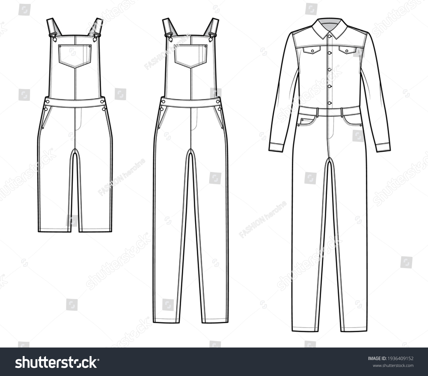 Set Dungarees Denim Overall Jumpsuit Technical Stock Vector Royalty