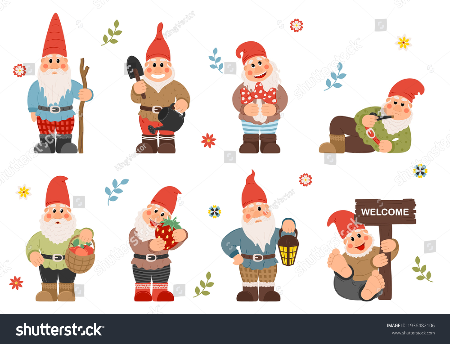 Set Cute Garden Gnomes Cute Fairytale Stock Vector (Royalty Free ...