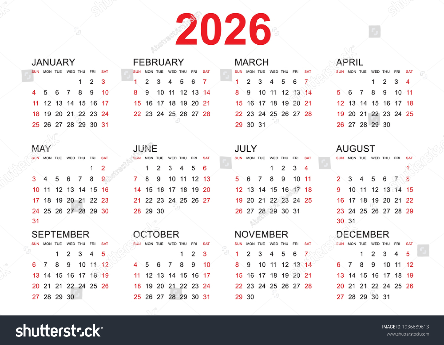 Calendario 2026 vector de plantilla, diseño vector de stock (libre de
